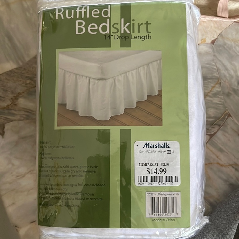 Never opened Queen size ruffled white bed skirt!